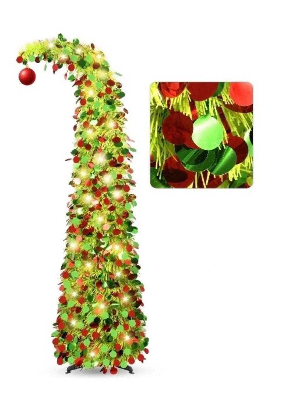 Grinch Tree 5ft Pencil Christmas Tree, Collapsible Xmas Tree with Lights